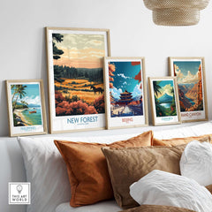 A collection of framed posters including New Forest England National Park Poster, showcasing vibrant landscapes.