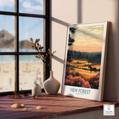 New Forest England National Park Poster featuring autumn landscape and horse by the window.