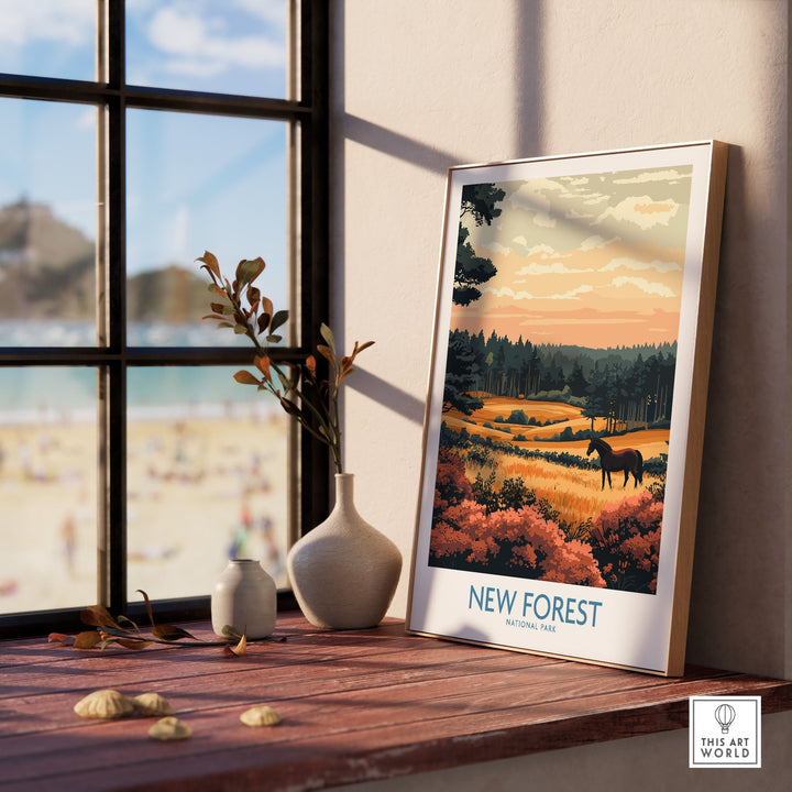 New Forest England National Park poster in sunlight, featuring autumn landscape with vibrant colors and grazing horse on a windowsill.