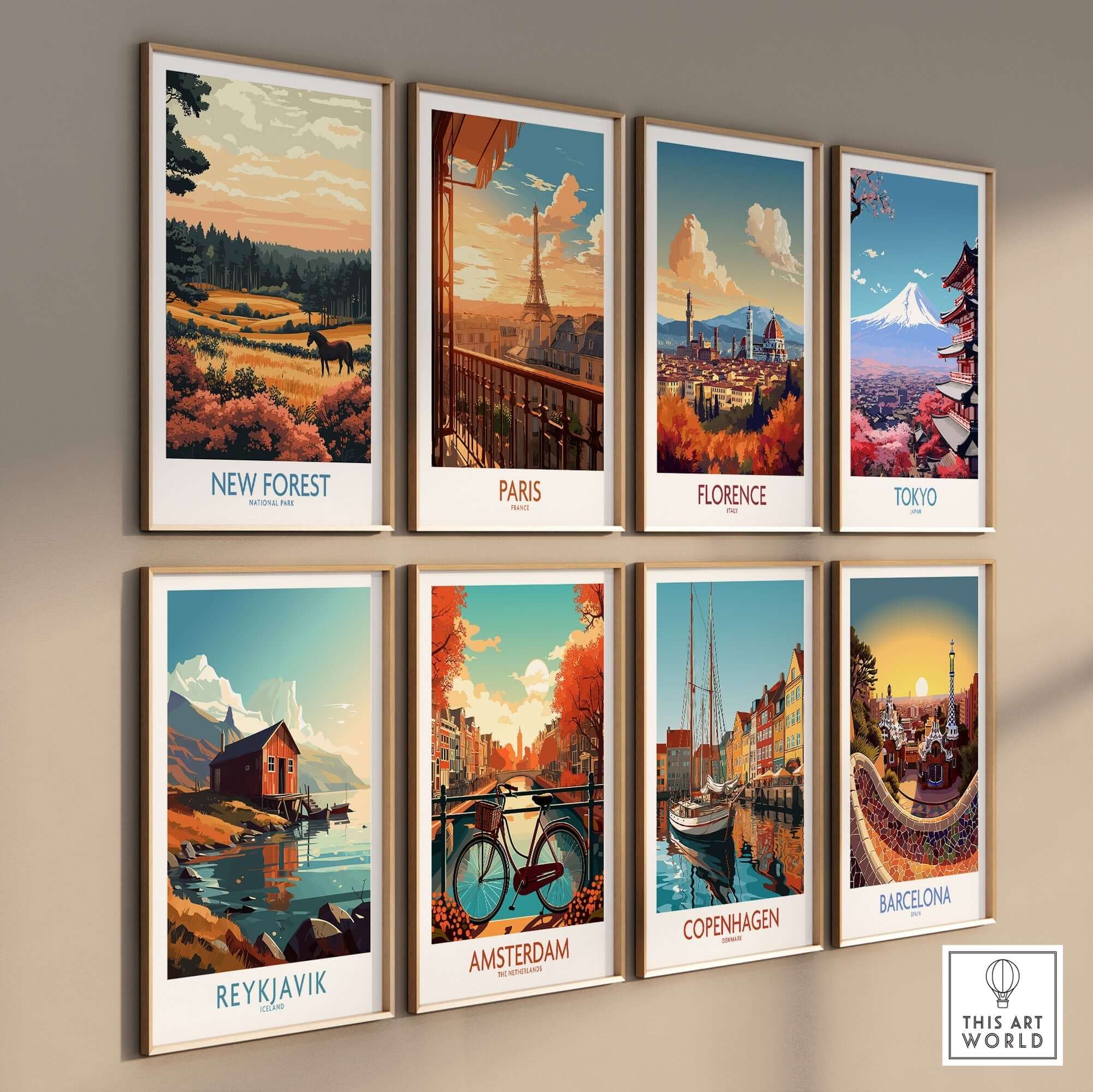 New Forest England National Park Poster among various city-themed art prints on a wall display.
