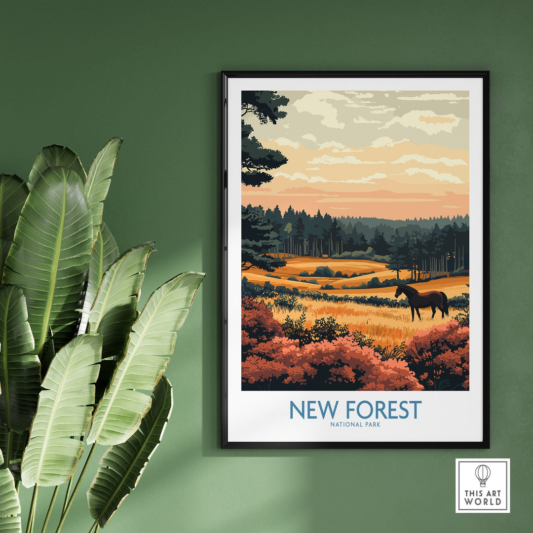 New Forest England National Park poster with autumn landscape and horse, UK wall art for nature lovers and home decor.