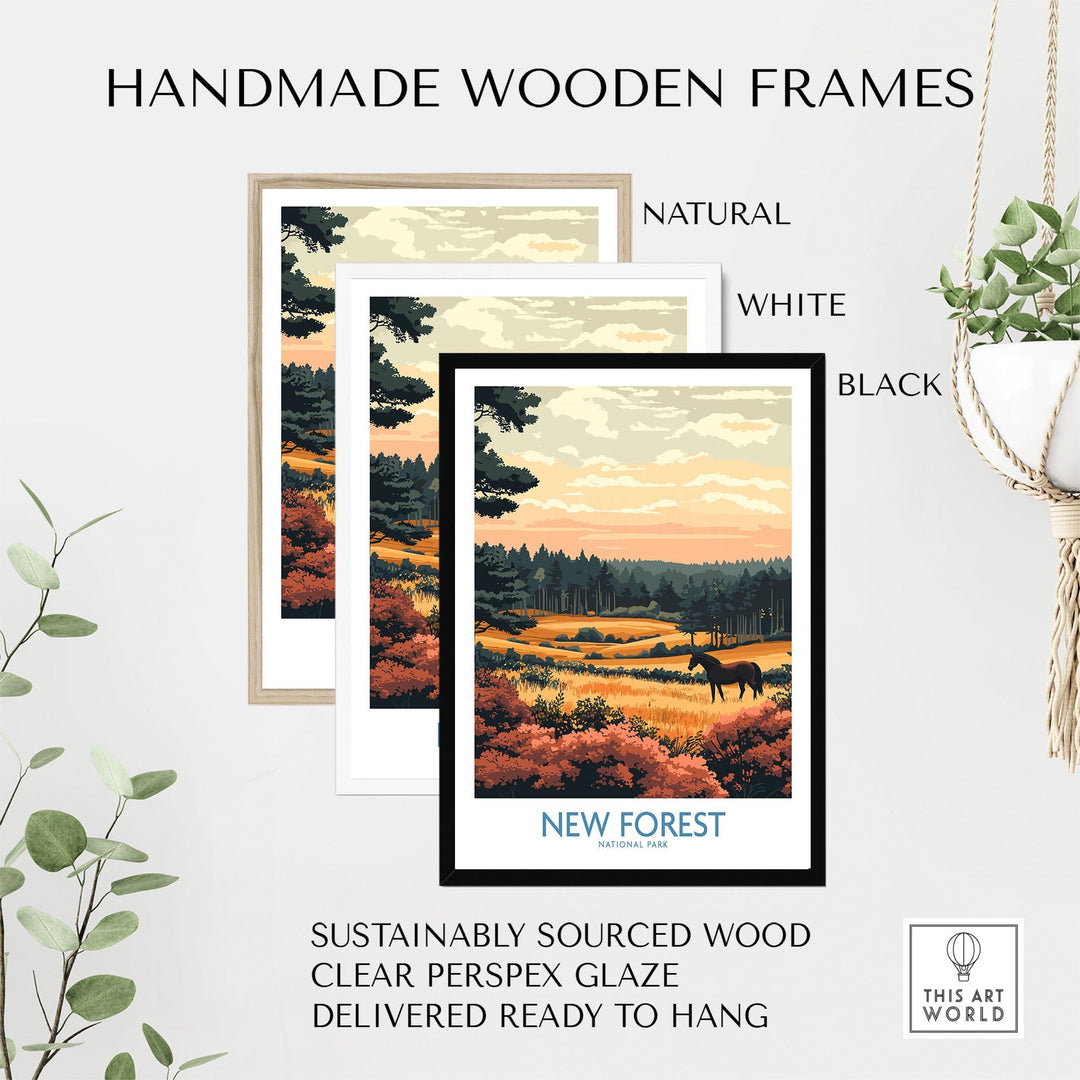 New Forest England National Park poster in handmade wooden frames with autumn scenery, perfect for home or office decor