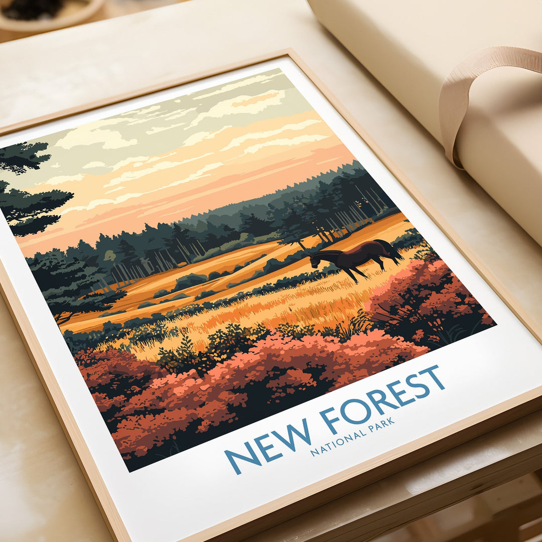 New Forest England National Park poster showcasing autumn colors and landscape with horse, ideal for nature-inspired home decor.