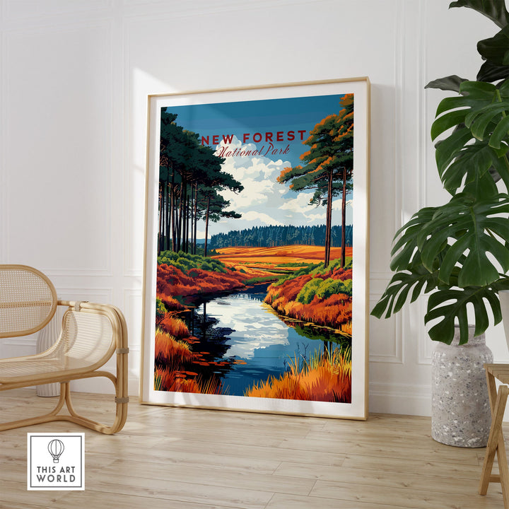 New Forest National Park poster showcasing vibrant nature landscape, enhancing home decor for nature enthusiasts, UK wall art print.