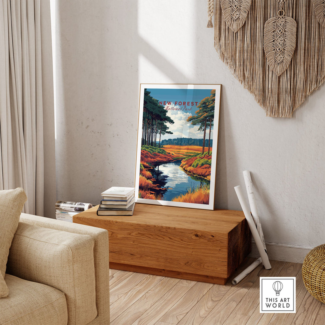 New Forest National Park poster displayed in cozy living room setting, showcasing lush nature and tranquil landscape.