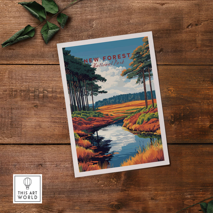 New Forest National Park poster showing scenic landscape with trees and river on rustic wood background.