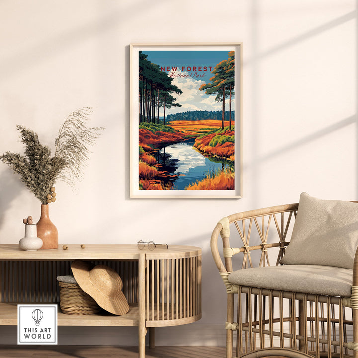 New Forest National Park Poster on wall with cozy wicker chair and decor, showcasing tranquil UK nature scene in vibrant colors.