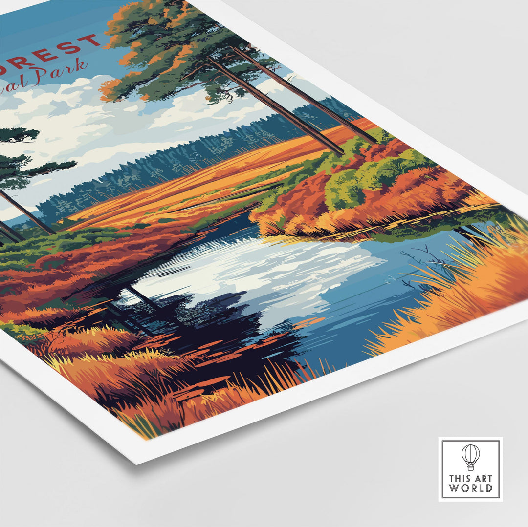 New Forest National Park poster featuring a scenic landscape with trees and a river, perfect for nature lovers and home decor.