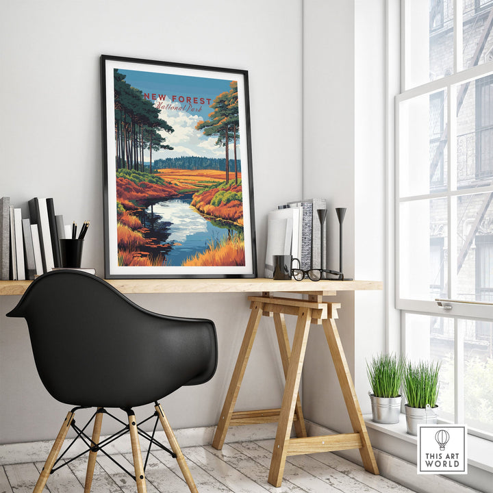 New Forest National Park poster on a modern desk, showcasing serene landscape art in a stylish home office setting.