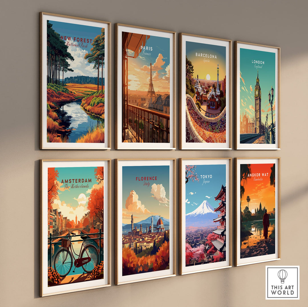 Collection of travel posters featuring New Forest, Paris, Barcelona, London, Amsterdam, Florence, Tokyo, and Angkor Wat on a wall.