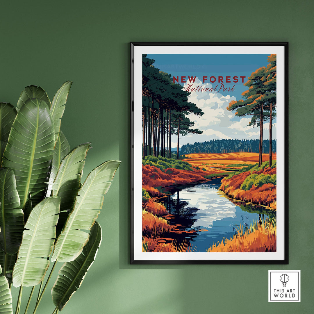 New Forest National Park poster featuring tranquil landscape with trees and river, ideal for nature lovers and home decor. UK wall art print.