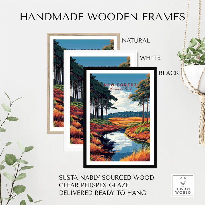 New Forest National Park poster with handmade wooden frames in natural, white, and black, ready to hang, featuring UK nature art.