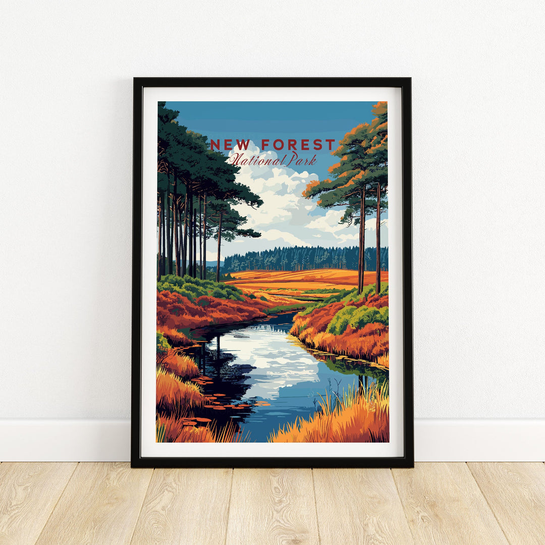 New Forest National Park poster featuring a scenic landscape with trees and a reflective river, perfect UK wall art for nature lovers.