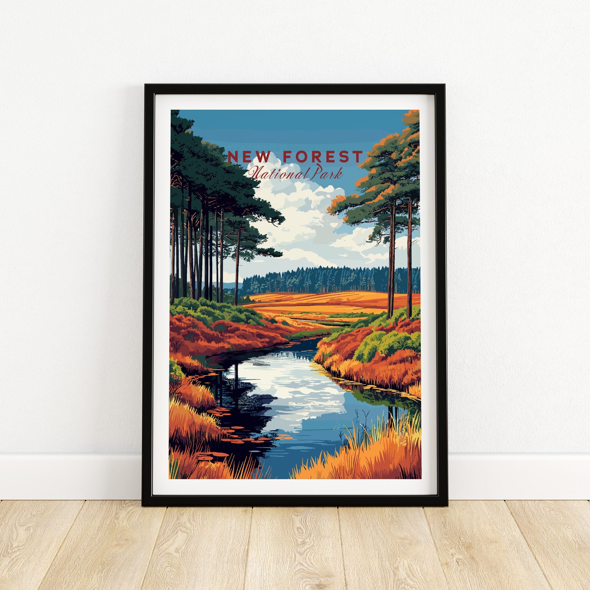 New Forest National Park poster featuring a scenic landscape with trees and a reflective river, perfect UK wall art for nature lovers.