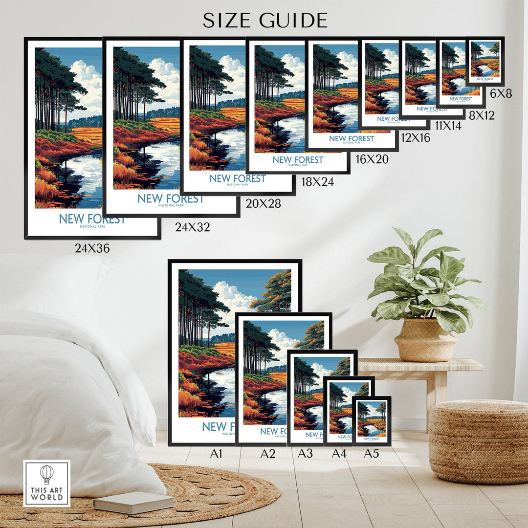 New Forest National Park print size guide featuring various poster dimensions in a room setting with natural decor