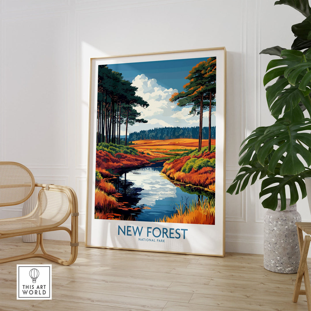 Vibrant New Forest National Park print with vivid colors, adding rustic charm and nature's beauty to any room decor.