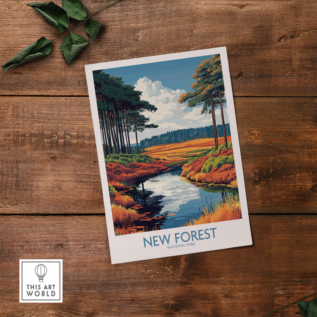 New Forest National Park print with vivid colors and rustic charm, perfect UK wall art for nature lovers.