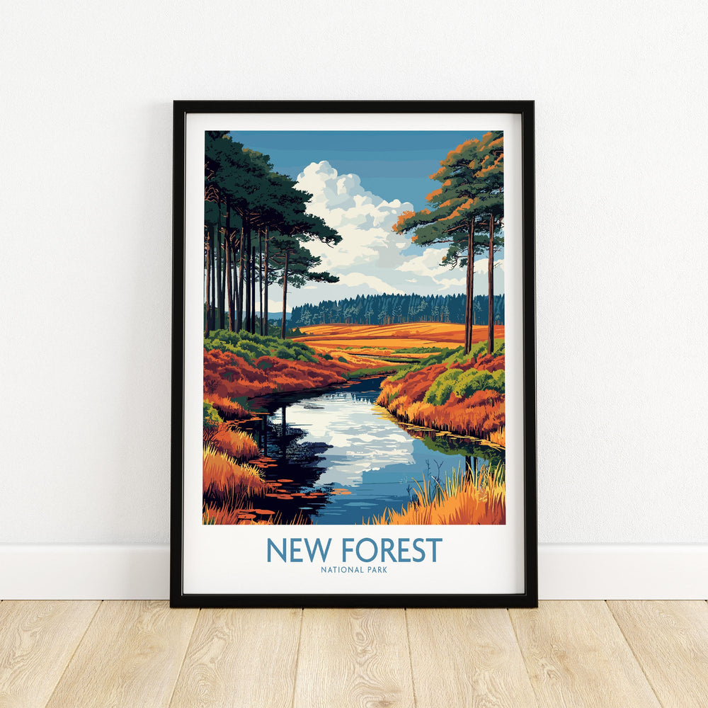 New Forest National Park print with vivid colors and rustic charm, framed and displayed against a white wall, UK nature wall art.