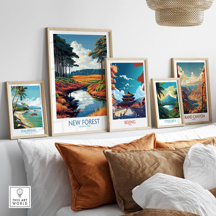 Wall art display featuring New Forest, Beijing, Costa Rica, Philippines, and Grand Canyon prints in modern frames.