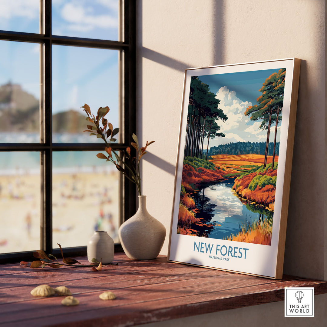 New Forest National Park print on shelf by window, showcasing vibrant colors and natural beauty in a rustic room setting.