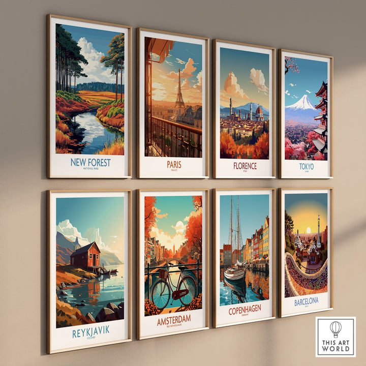 Wall art collection featuring city and nature prints, including New Forest, Paris, Florence, Tokyo, Reykjavik, Amsterdam, Copenhagen, Barcelona.