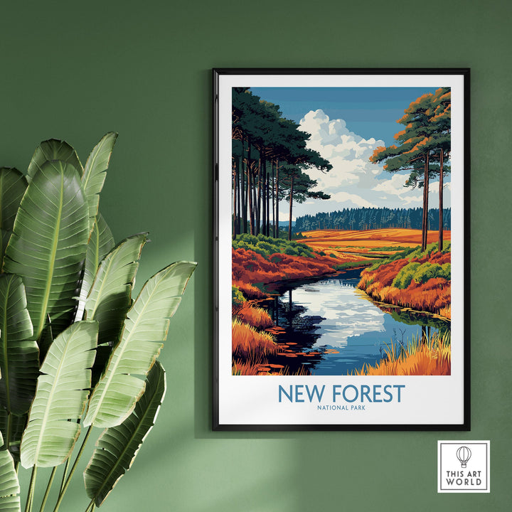 New Forest National Park print with vibrant landscape, showcasing trees and river, adding rustic charm and nature to any room decor.