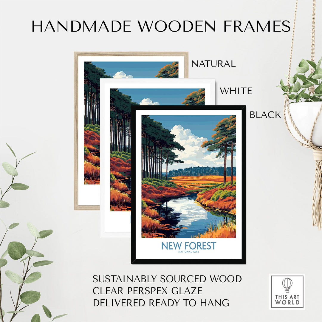 New Forest National Park Print in handmade wooden frames with natural, white, and black options, sustainable wood, ready to hang.