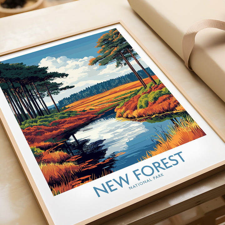 New Forest National Park Print featuring vibrant landscape art with trees and a serene river. Perfect UK wall art for nature lovers.