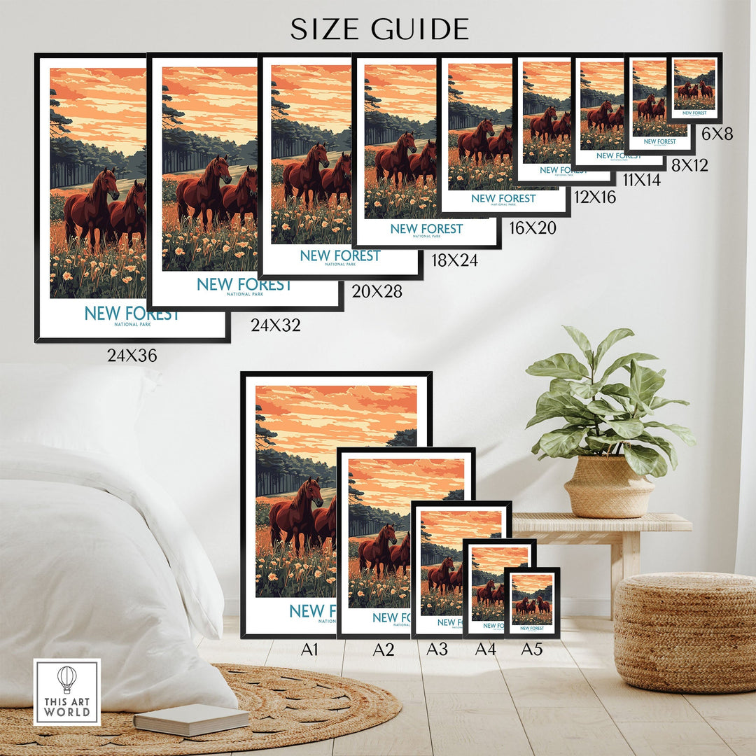 New Forest Print size guide showcasing various poster dimensions for wall decor featuring nature and UK National Park theme.