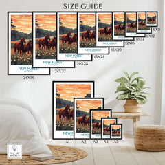 New Forest Art Print England National Park size guide with various frame sizes and horse imagery.