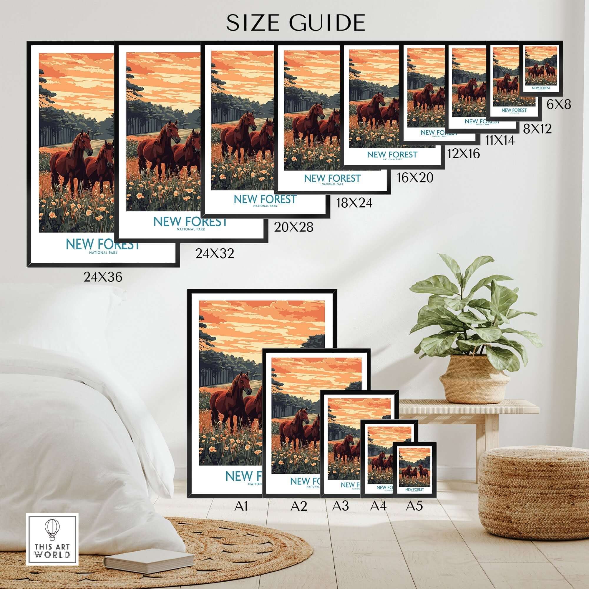 New Forest Art Print England National Park size guide with various frame sizes and horse imagery.