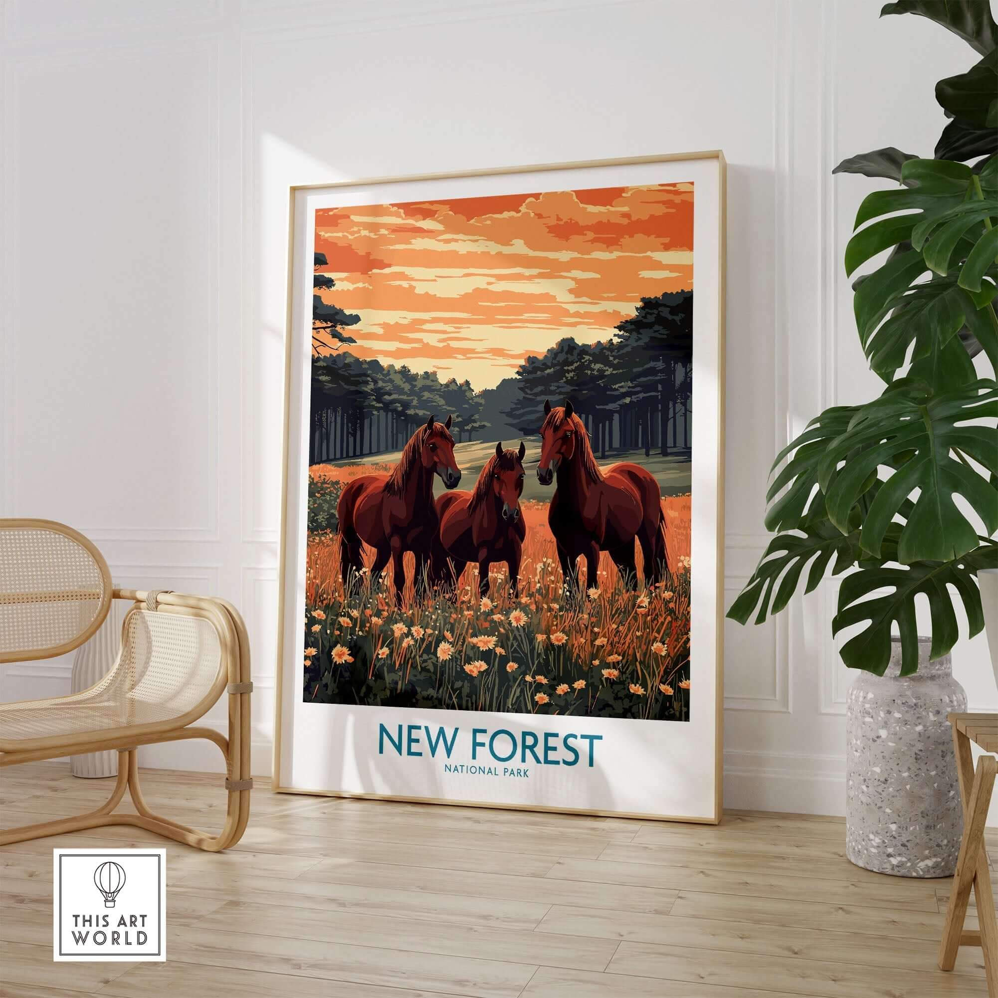 New Forest Art Print England National Park featuring horses in vibrant sunset scenery.