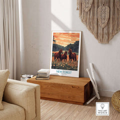 New Forest Art Print England National Park featuring horses in a vibrant natural setting indoors.