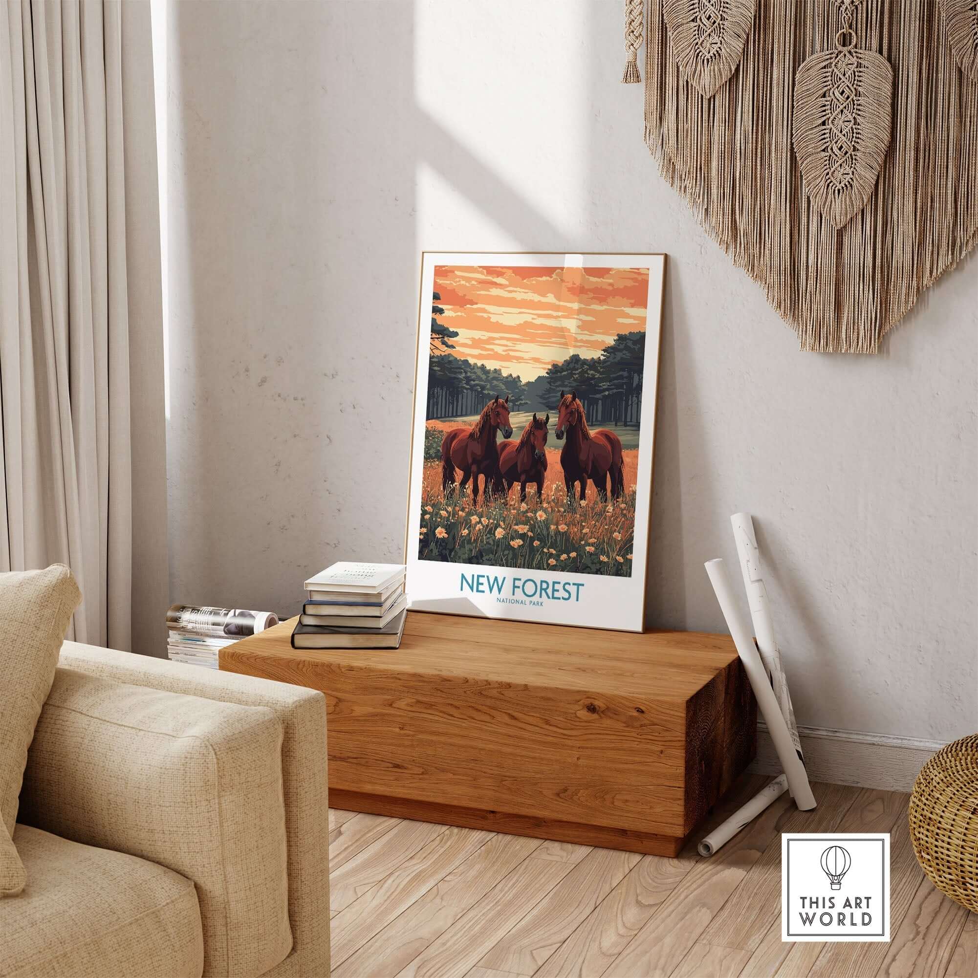 New Forest Art Print England National Park featuring horses in a vibrant natural setting indoors.