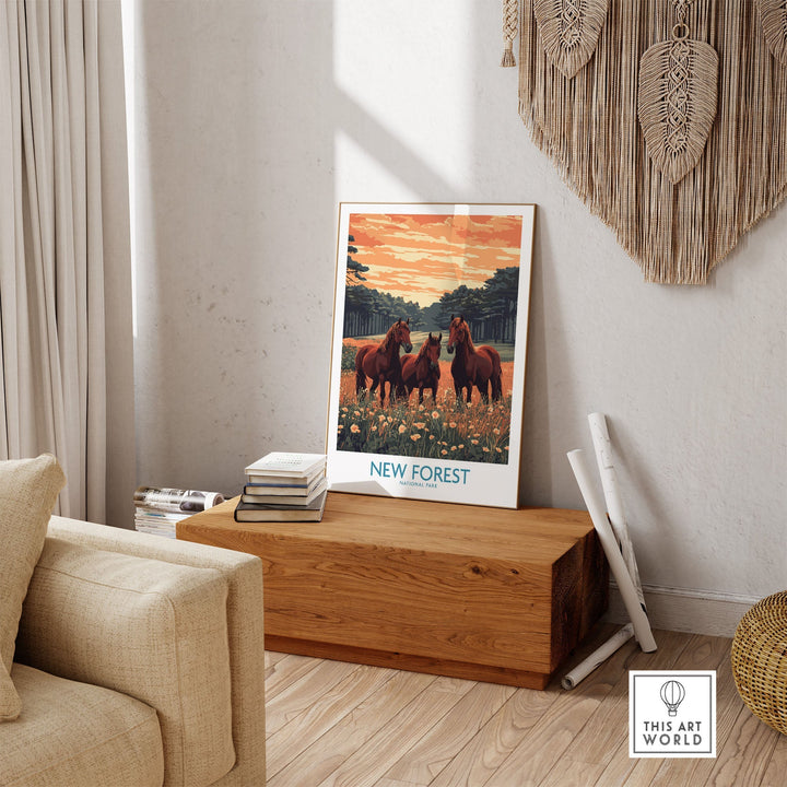 New Forest Print poster with horses in a cozy room setting, showcasing the beauty of UK National Park.