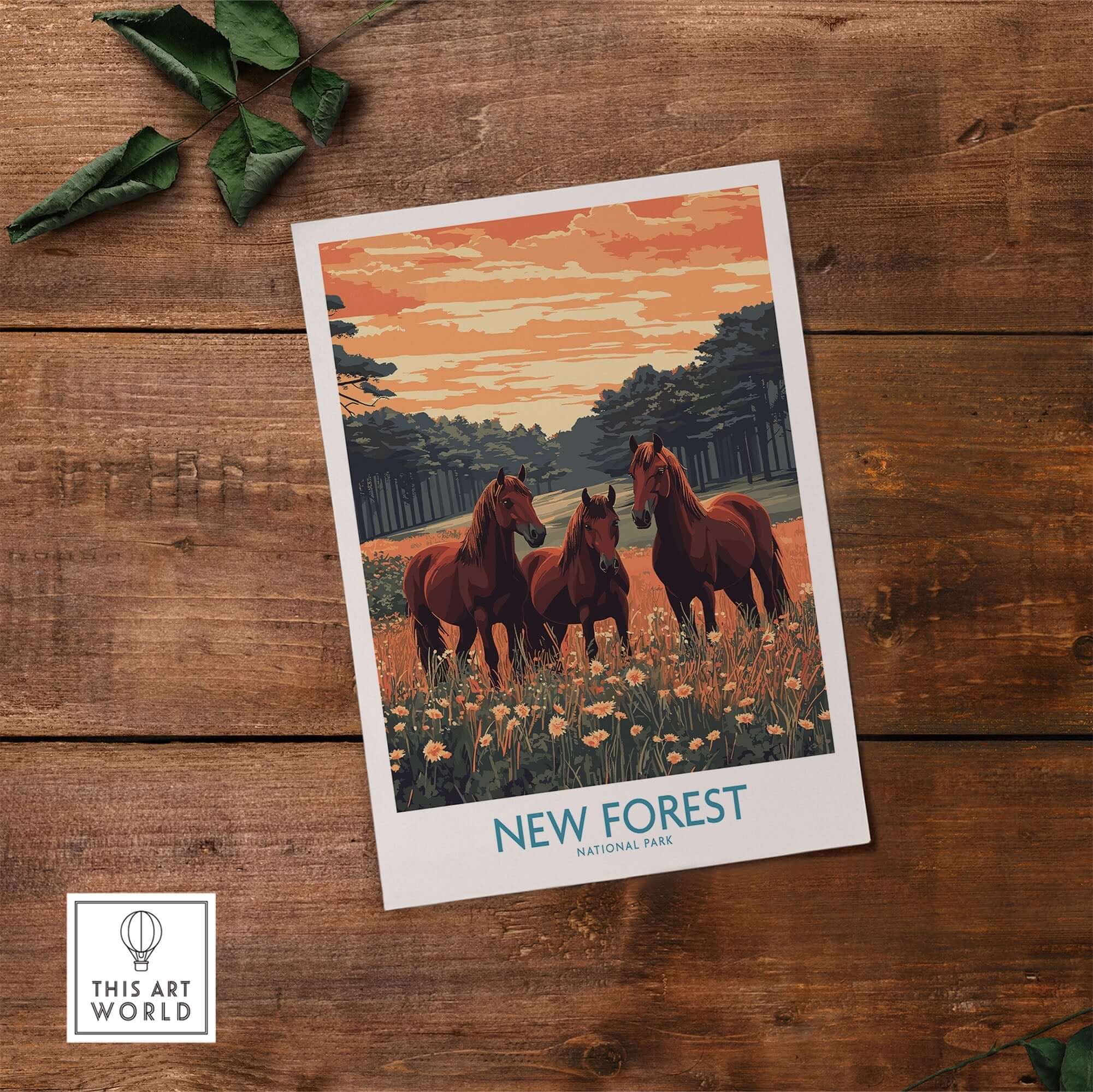 New Forest Art Print England National Park featuring majestic horses and a vibrant sunset in the background.