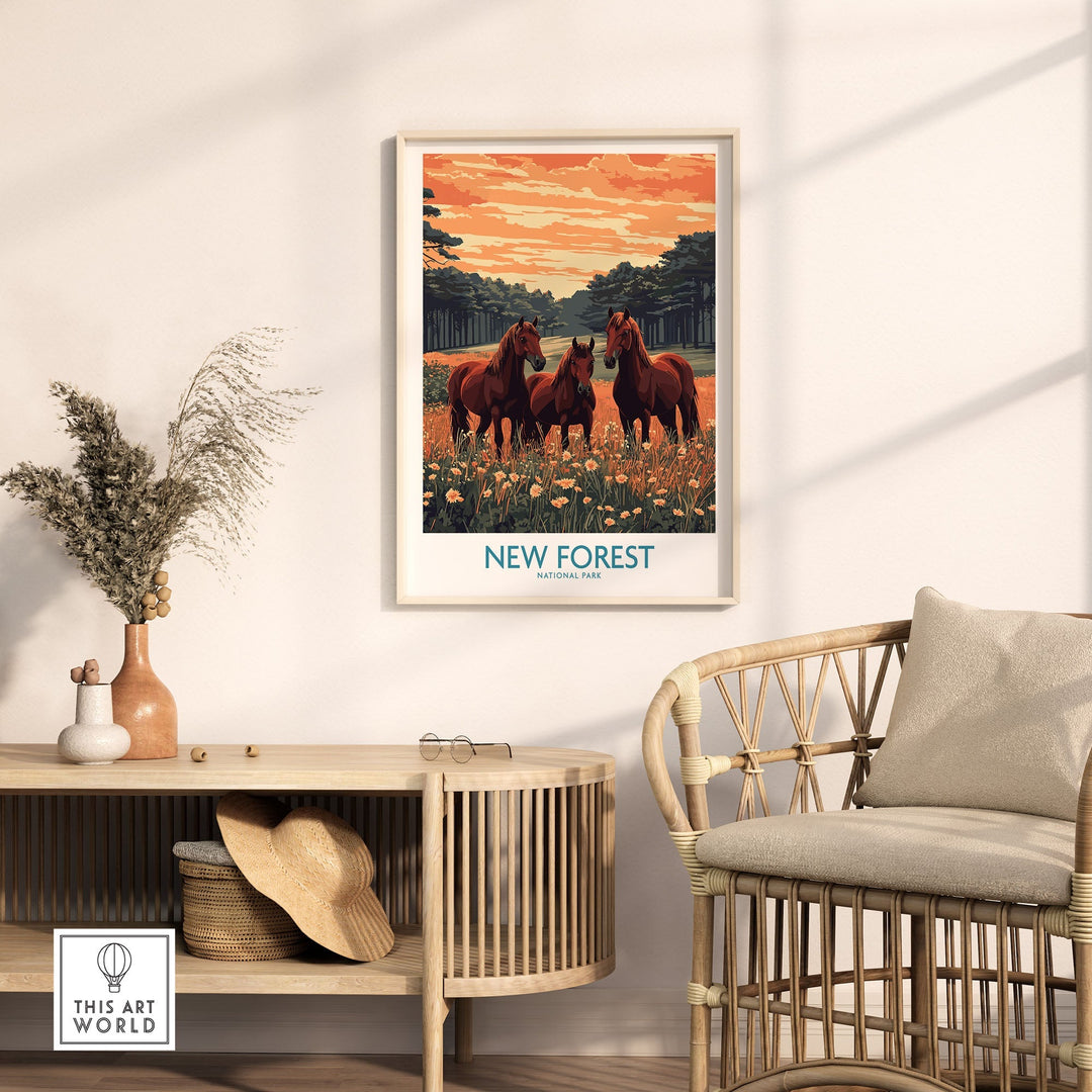 New Forest Print poster featuring wild horses, perfect for adding a touch of nature to home decor in a cozy living room setting.