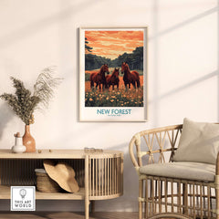 New Forest Art Print England National Park featuring horses in vibrant landscape.