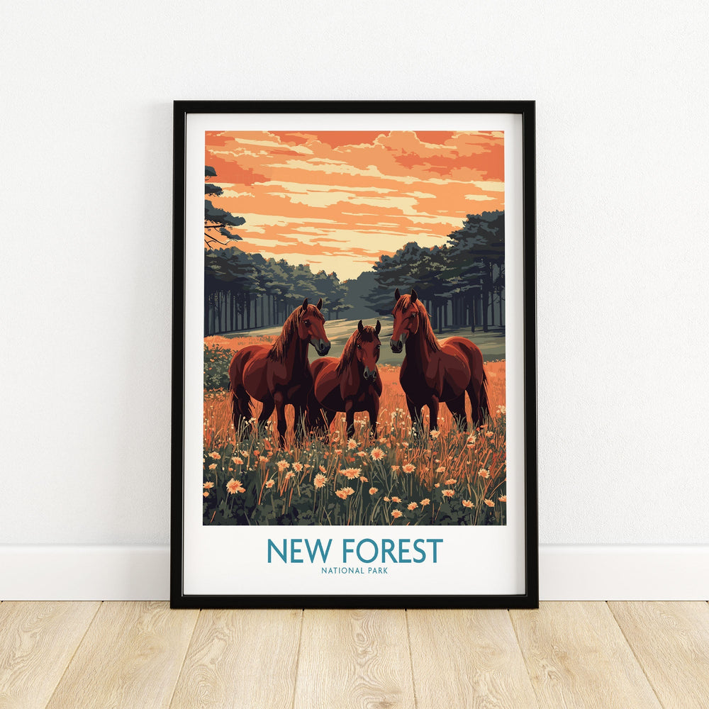 New Forest Print poster featuring horses against a vibrant sunset, capturing the essence of the UK National Park's natural beauty.