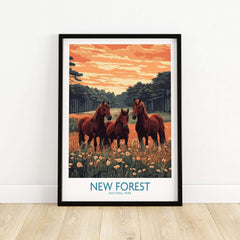 New Forest Art Print England National Park featuring three horses in a vibrant landscape.