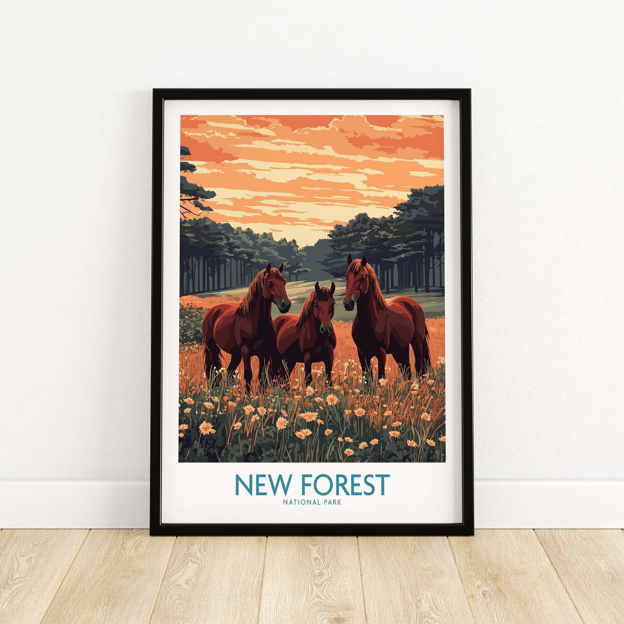 New Forest Art Print England National Park featuring three horses in a vibrant landscape.