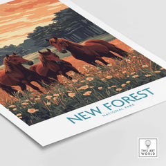 New Forest Art Print England National Park featuring horses in a grassy field with vibrant sunset colors.