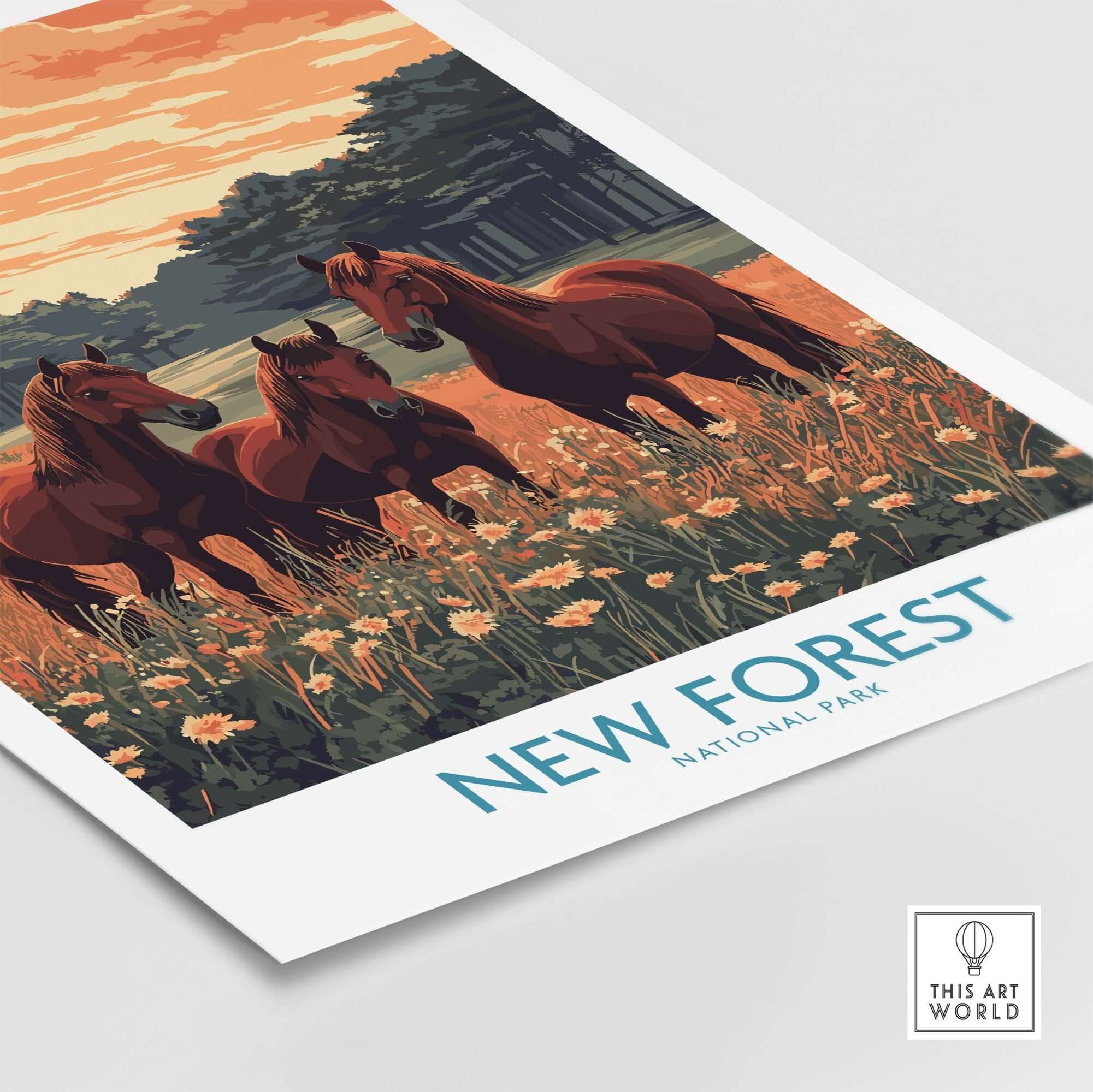 New Forest Art Print England National Park featuring horses in a grassy field with vibrant sunset colors.