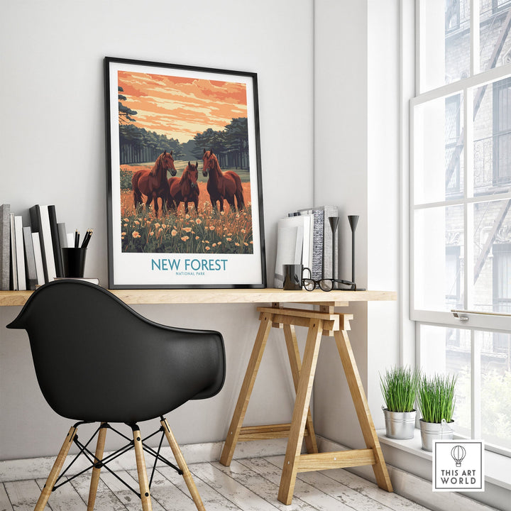 New Forest Print poster in modern room, featuring wild horses and scenic landscape of UK National Park, perfect home decor.