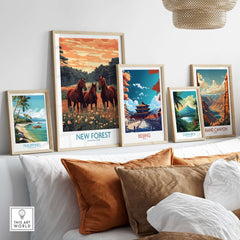 New Forest Art Print England National Park displayed among other travel art prints on a stylish home decor shelf.