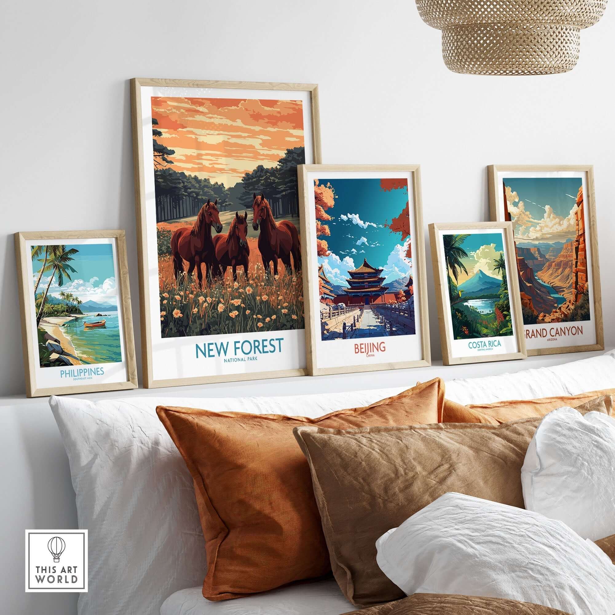 New Forest Art Print England National Park displayed among other travel art prints on a stylish home decor shelf.