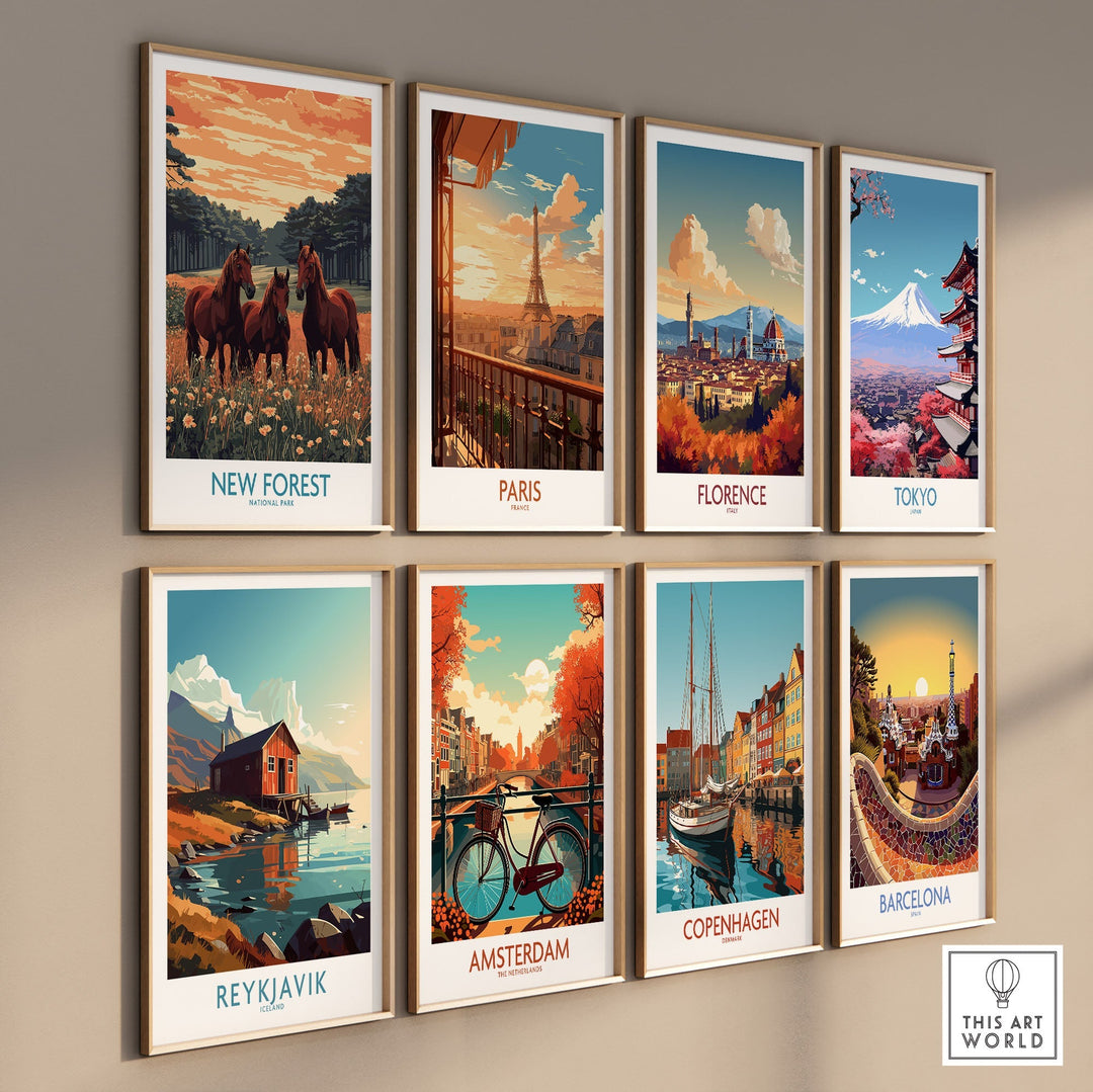 Wall display of eight travel posters featuring scenic locations: New Forest, Paris, Florence, Tokyo, Reykjavik, Amsterdam, Copenhagen, and Barcelona.