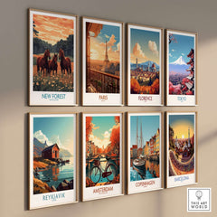 New Forest Art Print England National Park displayed among other city art prints on a stylish wall.