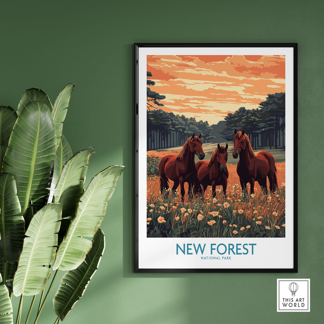 New Forest Print poster featuring horses and a scenic landscape, perfect for nature-inspired home decor, UK National Park art.