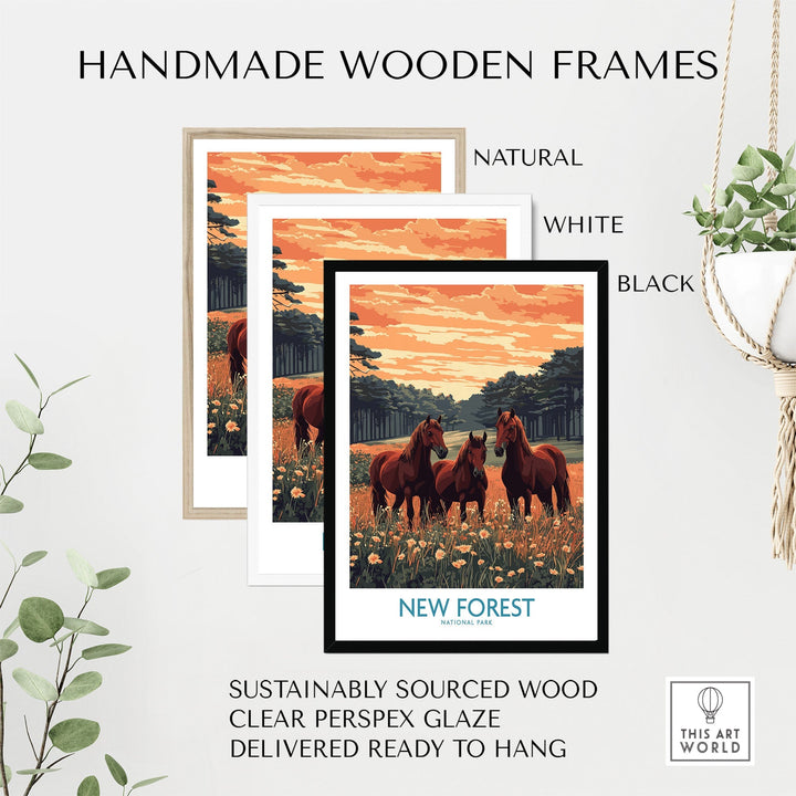 New Forest Print with horses in handmade wooden frames, available in natural, white, and black. UK National Park poster.